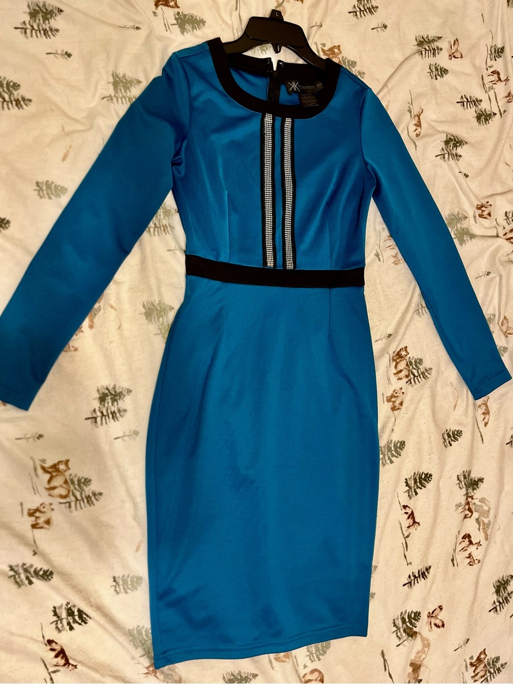 Kardashian Kollection Teal Long-Sleeve Sheath Dress with Black Trim